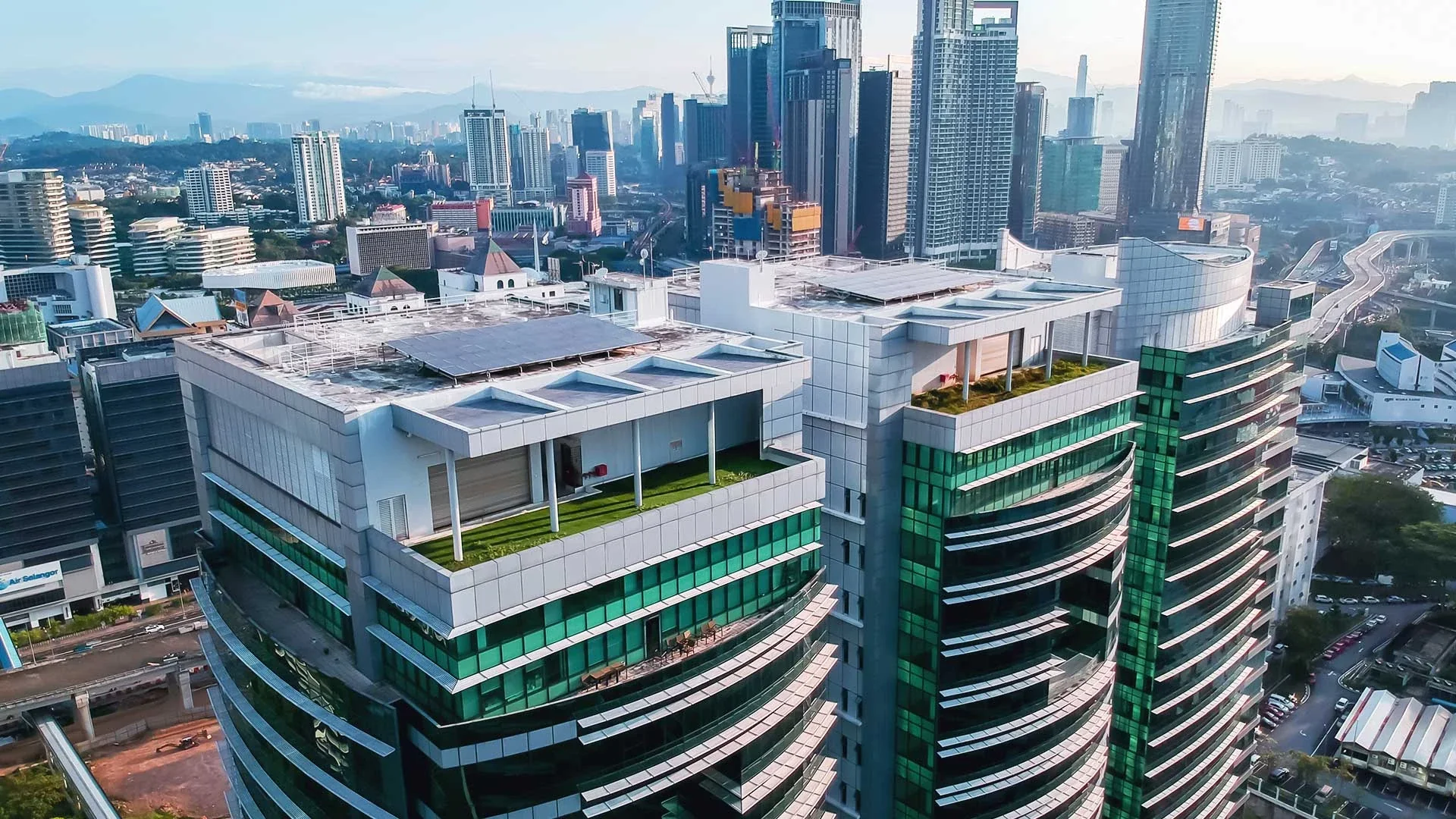 Aerial view across The Horizon office towers and rooftop terraces in Bangsar South, Kuala Lumpur